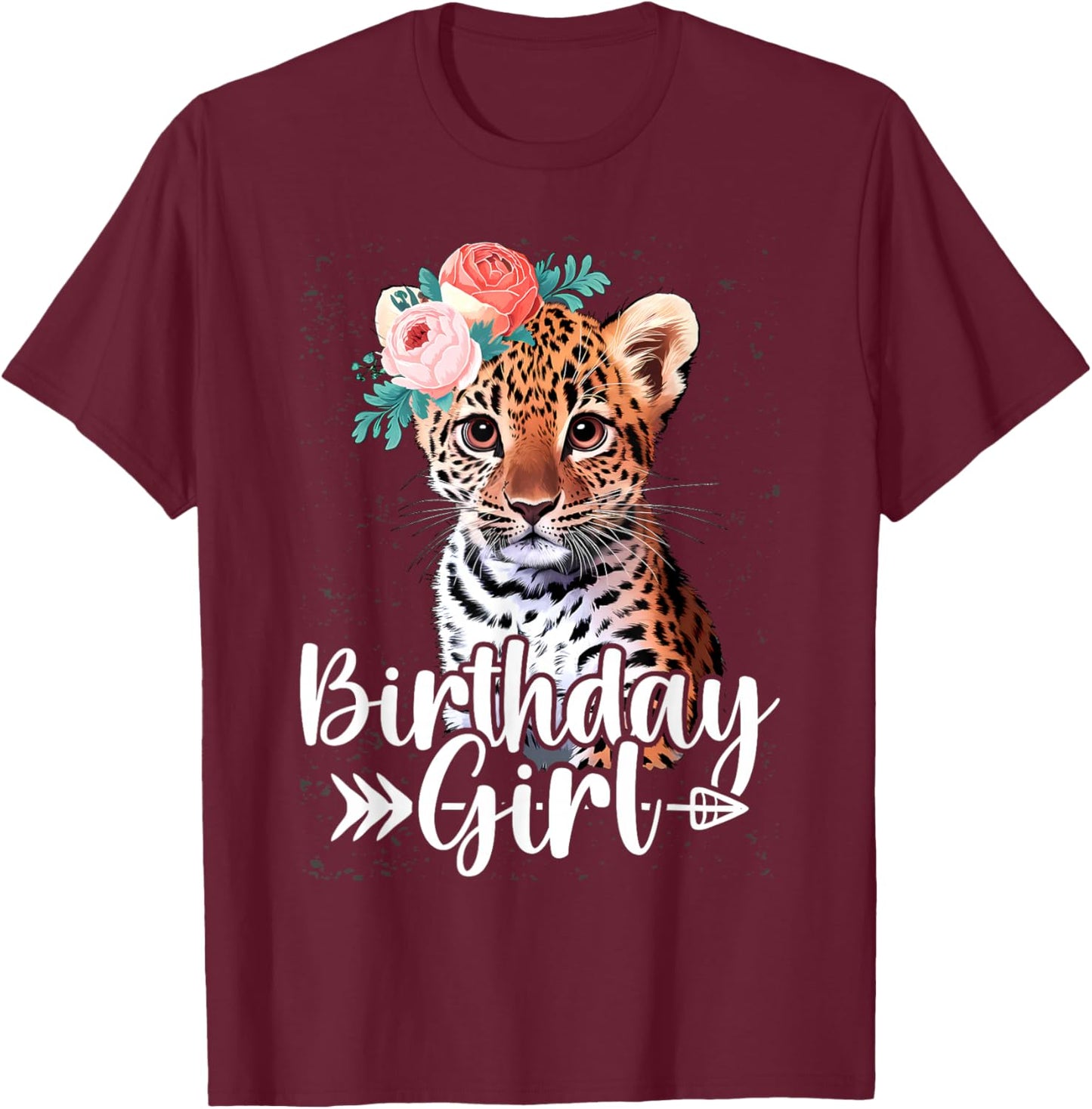 Baby Cheetah Birthday Girl Flowers Zoo Animal Birthday Party T-Shirt - T-Shirt | Maroon