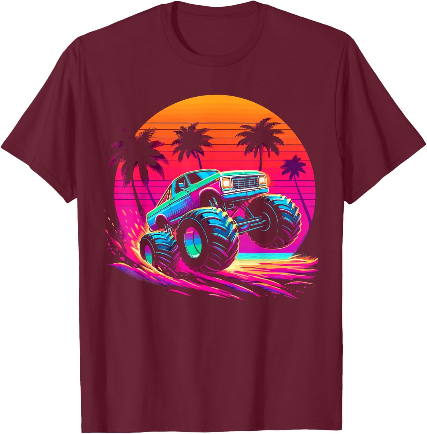 Monster Truck Retro Sunset Monster Truck T-Shirt - T-Shirt | Maroon