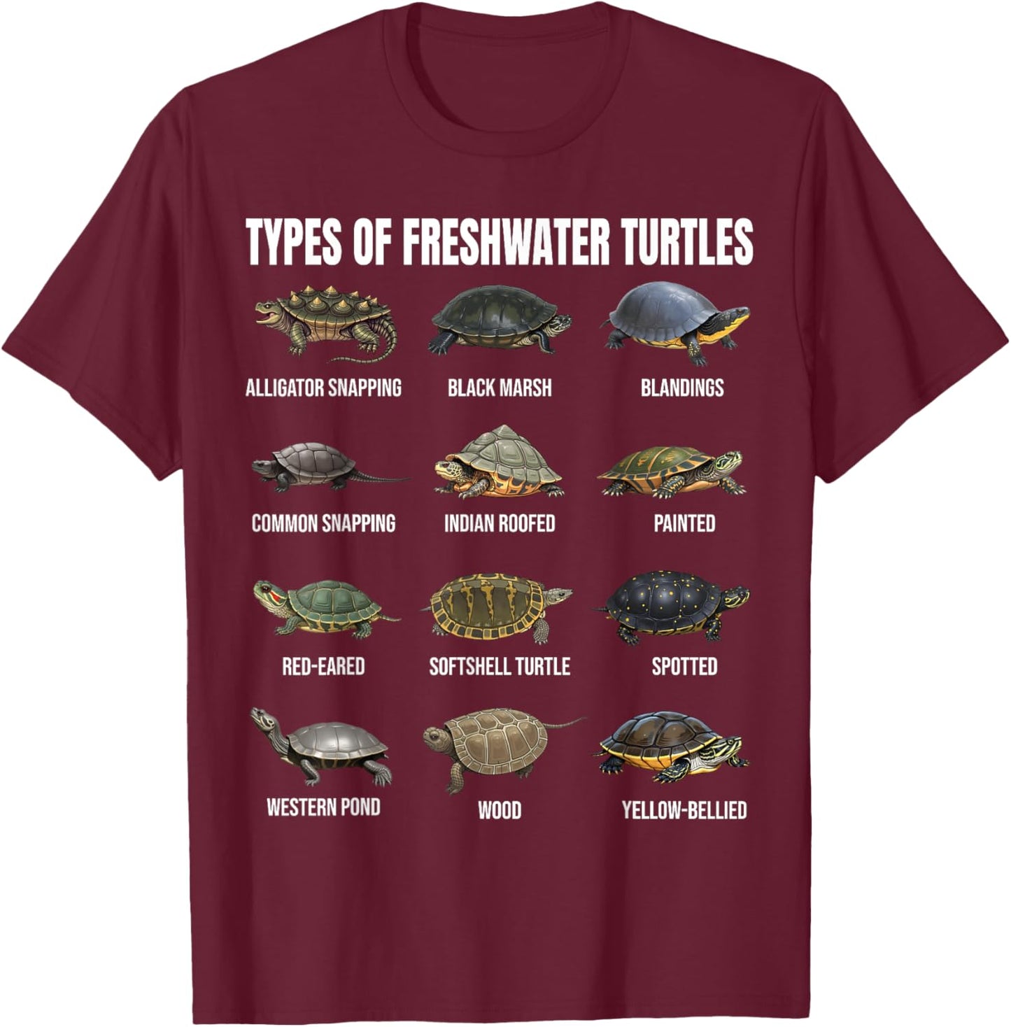 Types of Freshwater Turtles Turtle Species Educational Chart T-Shirt - T-Shirt | Maroon