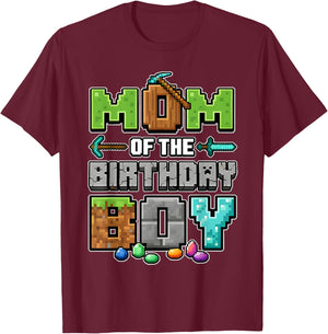 Mom of The Birthday Boy Pixel Gamer Gaming mom Family T-Shirt - T-Shirt | Maroon