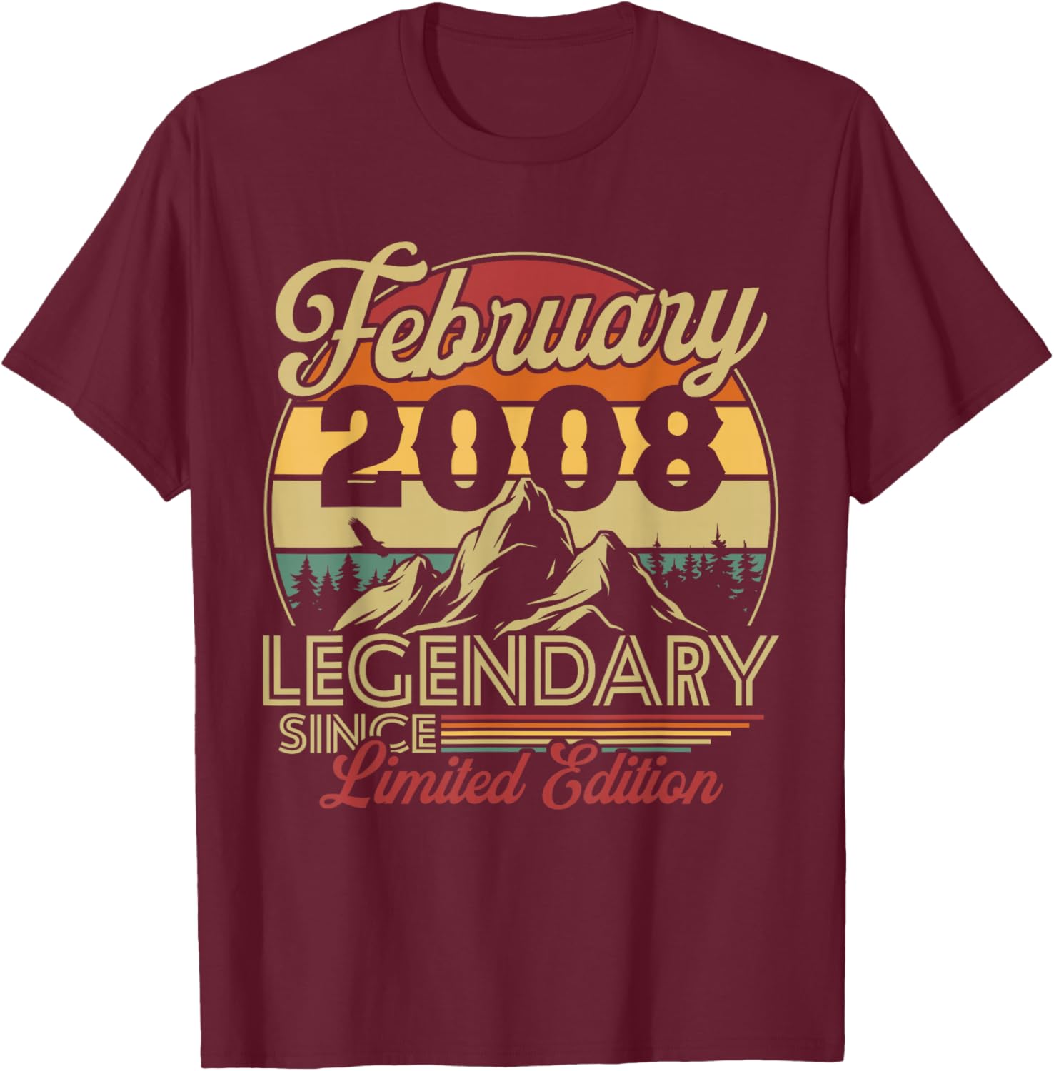 Vintage Birthday 18 Years for Born in February 2008 Gift T-Shirt - T-Shirt | Maroon