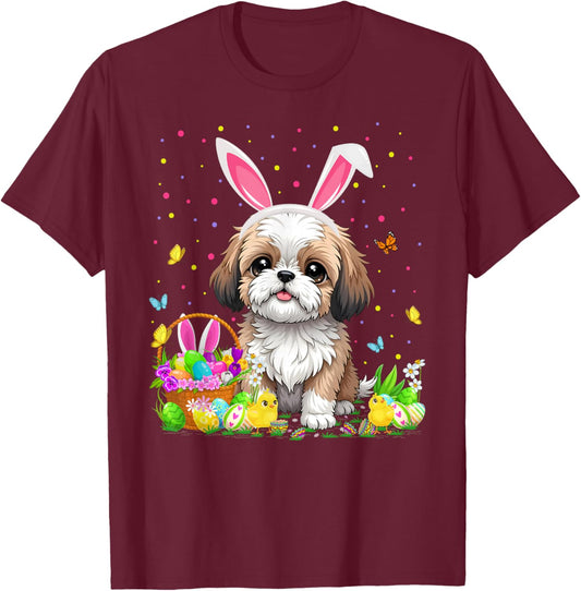 Shih Tzu Dog Easter Egg Hunt Bunny Ear Shih Tzu Easter T-Shirt - T-Shirt | Maroon