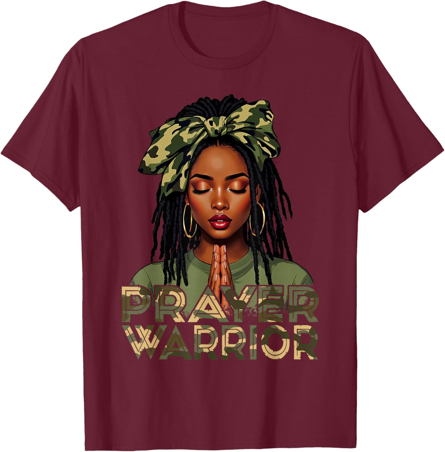 Prayer Warrior Locs Christian Black Woman Camo Bandana T-Shirt - T-Shirt | Maroon