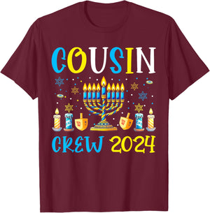 Cousin Crew 2024 Hanukkah Family Costume Menorah Dreidel T-Shirt - T-Shirt | Maroon