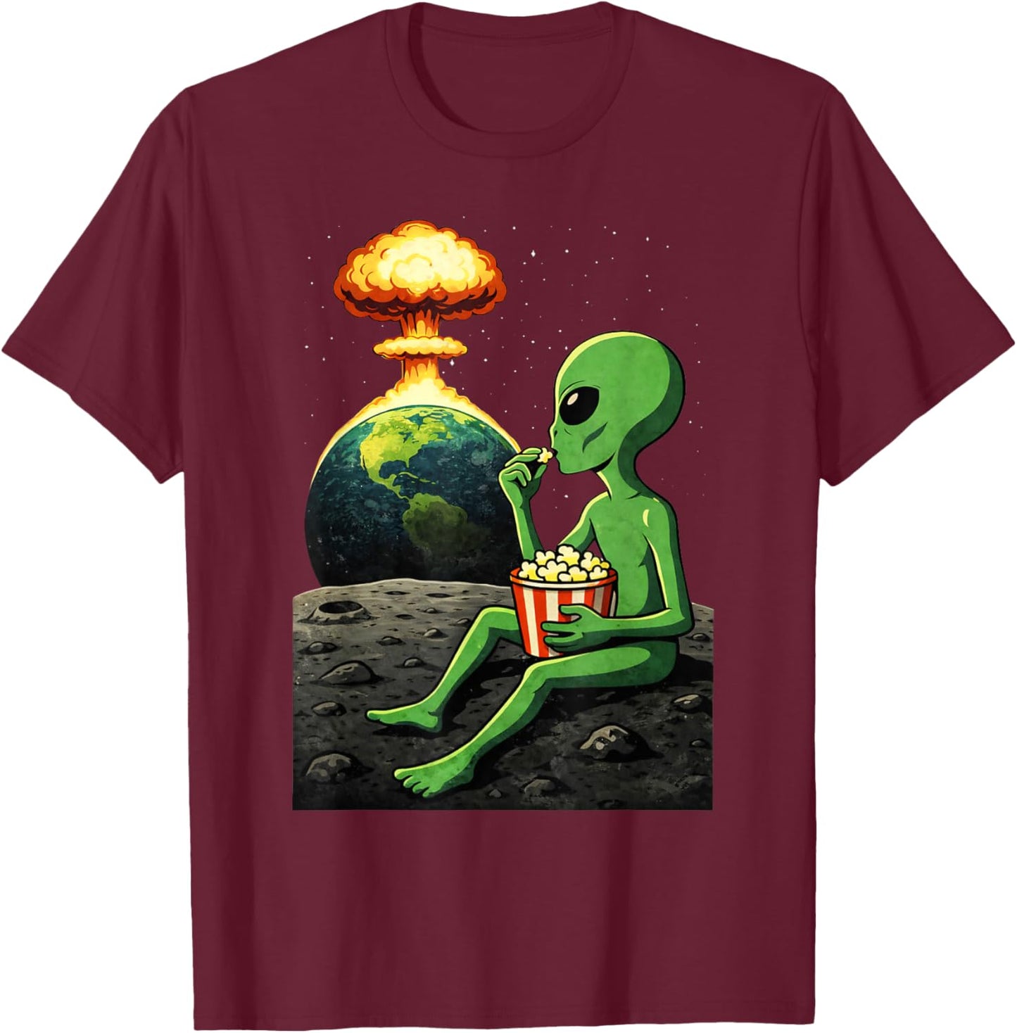 Funny Alien Watching Earth Popcorn Space Humor T-Shirt - T-Shirt | Maroon