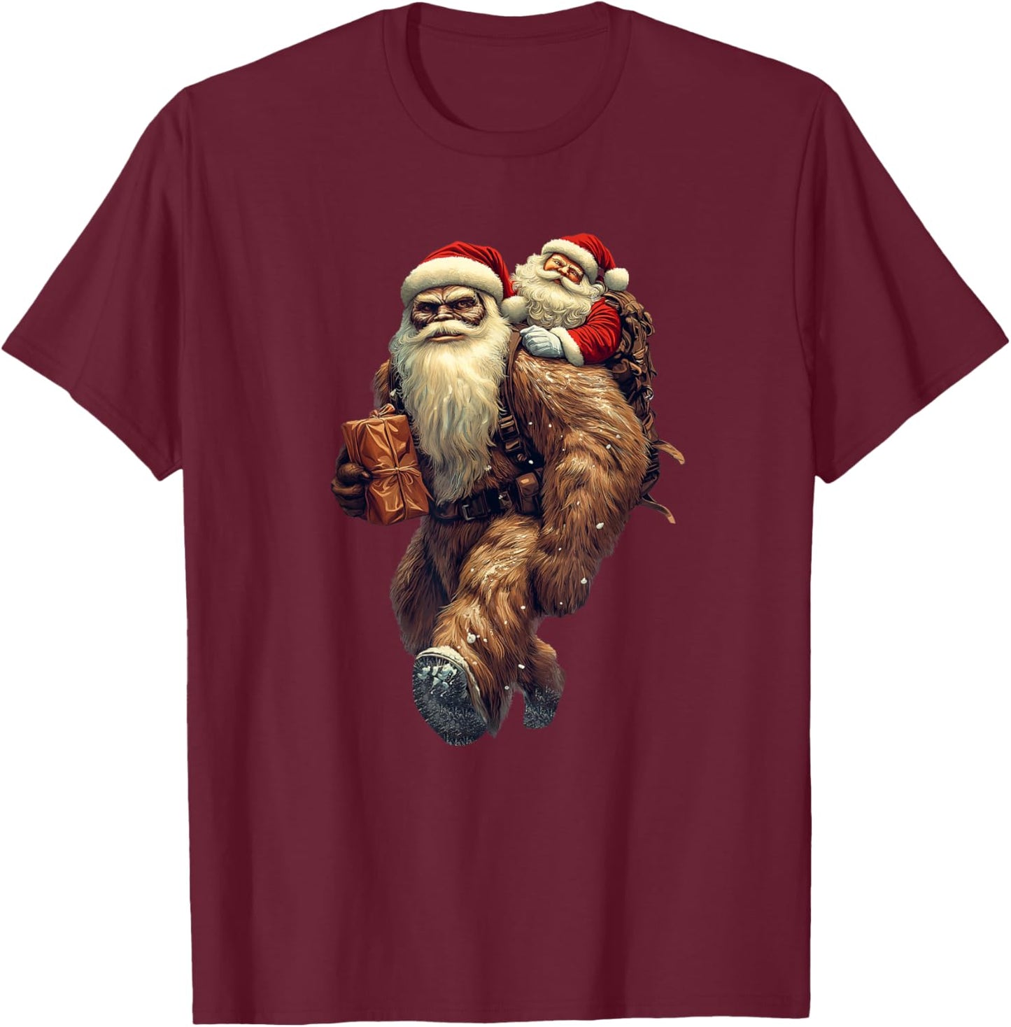 Funny Bigfoot and Santa Christmas Funny Sasquatch T-Shirt - T-Shirt | Maroon