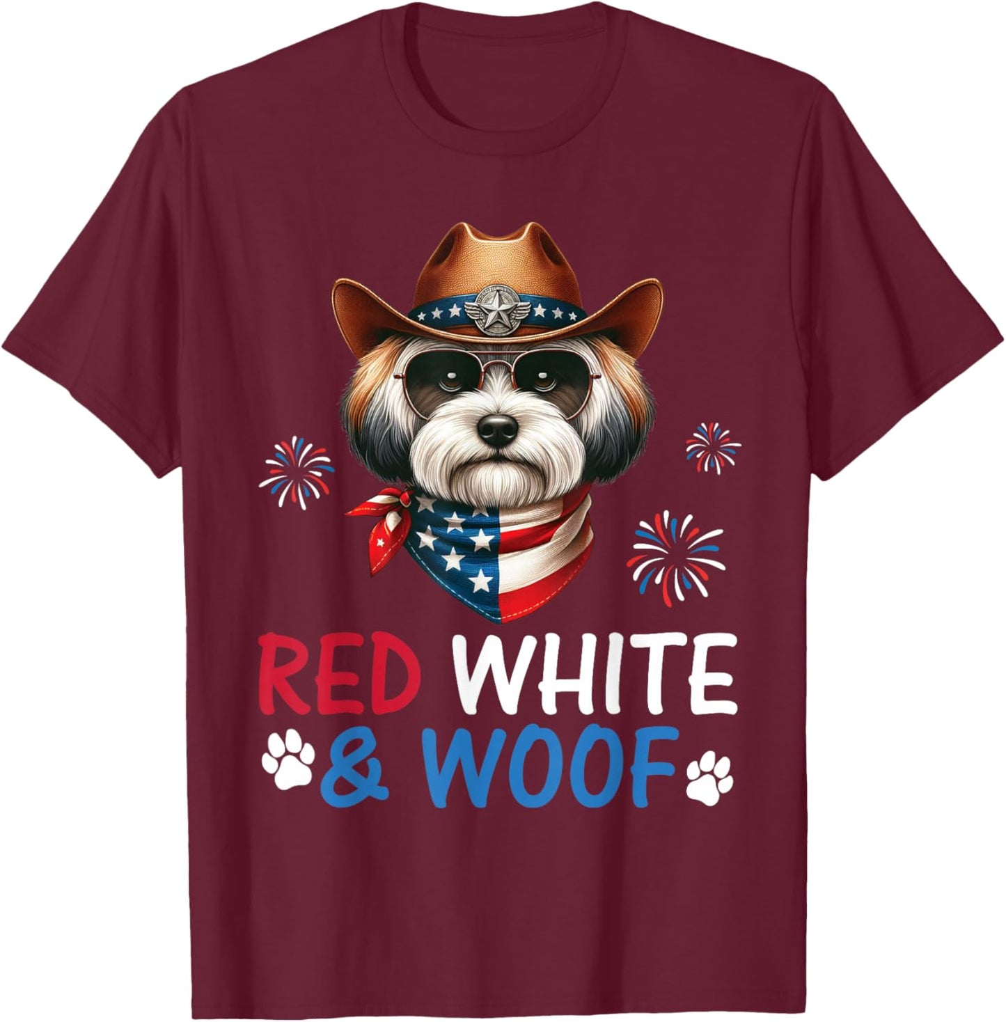 Havanese Dog Cowboy Costume Fireworks Red White and Woof T-Shirt - T-Shirt | Maroon