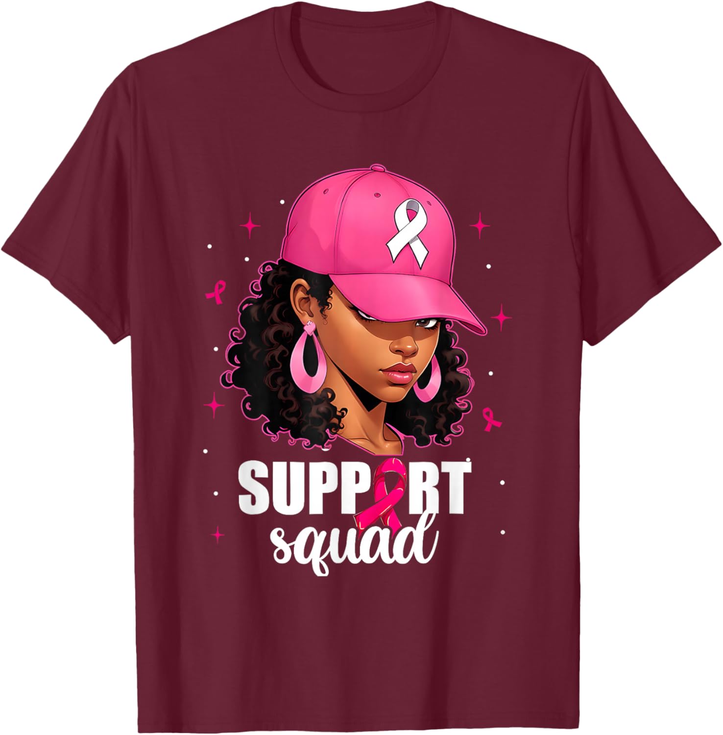 Support Squad Messy Bun Pink Warrior Breast Cancer Awareness T-Shirt - T-Shirt | Maroon