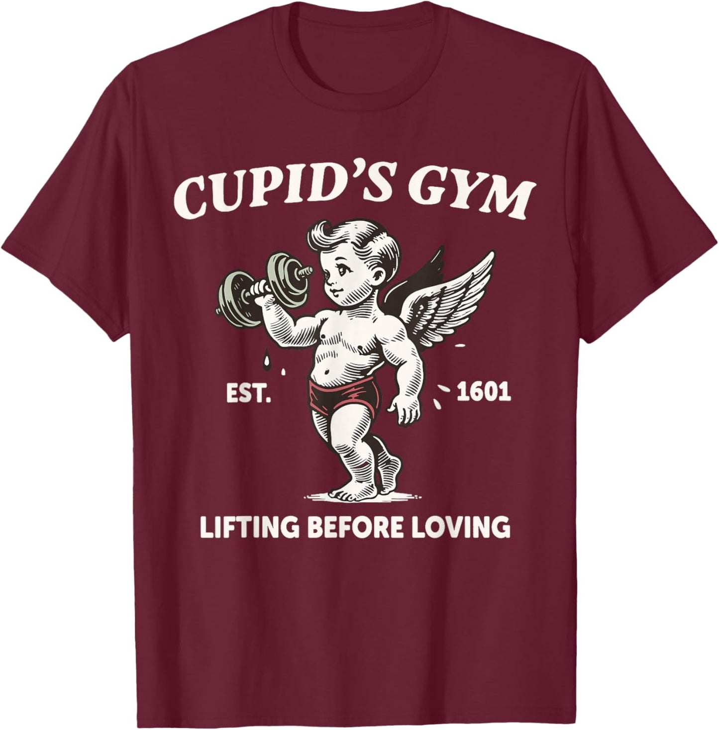 Cupid's Gym Lifting Before Loving Cute Cupid Retro Valentine T-Shirt - T-Shirt | Maroon