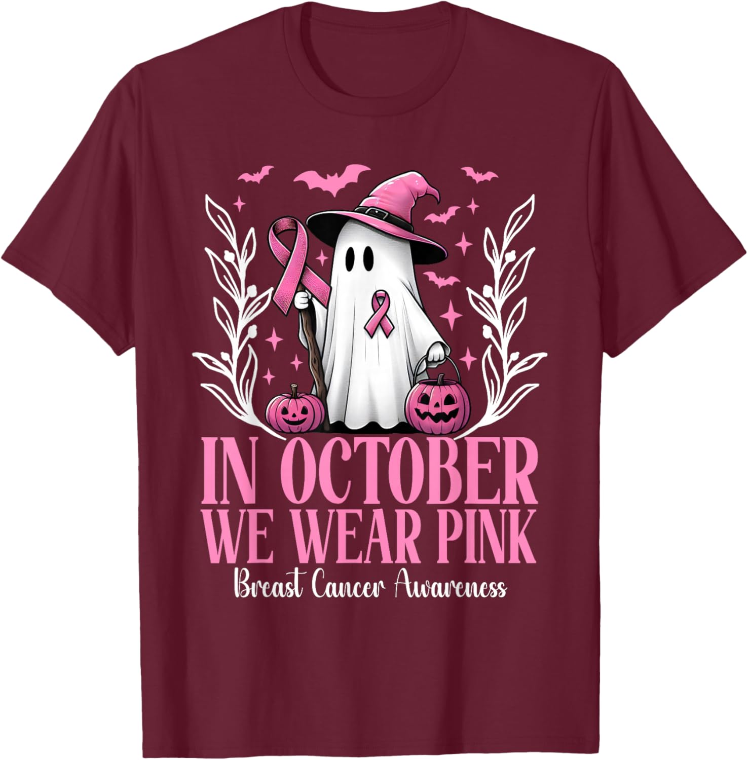 In October We Wear Pink Breast Cancer Witch Ghost Halloween T-Shirt - T-Shirt | Maroon