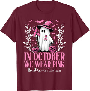 In October We Wear Pink Breast Cancer Witch Ghost Halloween T-Shirt - T-Shirt | Maroon