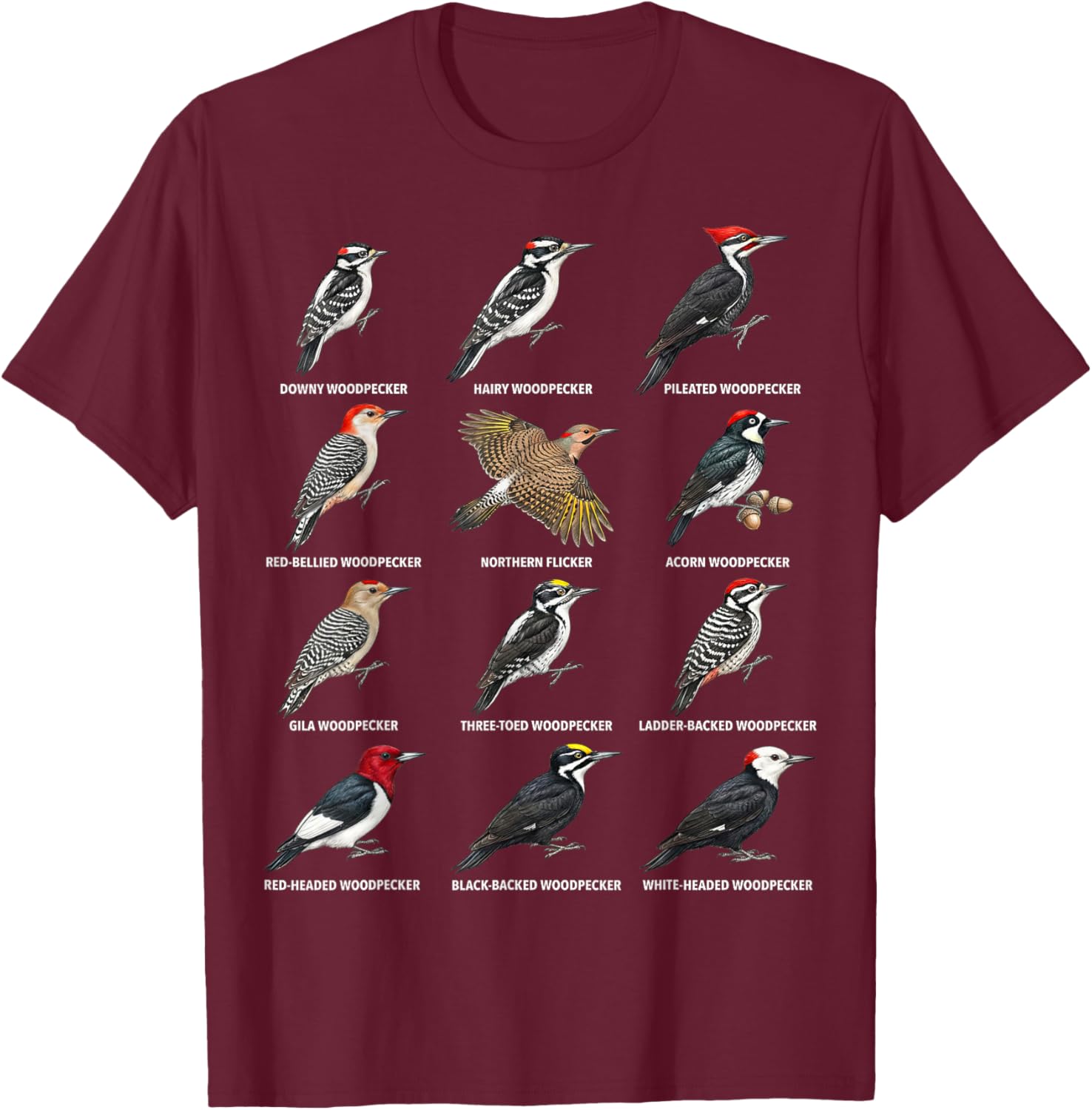 Woodpecker Species Chart – Types of Woodpeckers T-Shirt - T-Shirt | Maroon