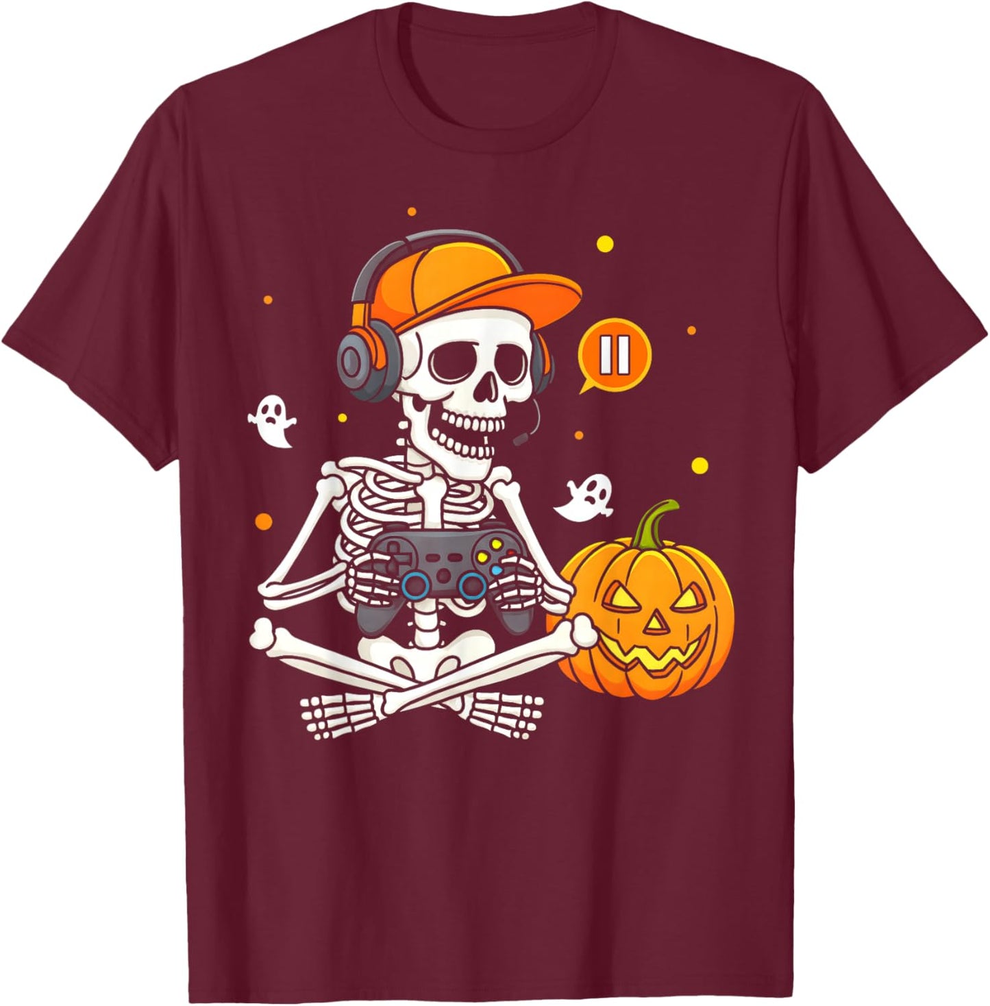Funny Gaming Hallowen Skeleton Gamer Video Kids Boys T-Shirt - T-Shirt | Maroon