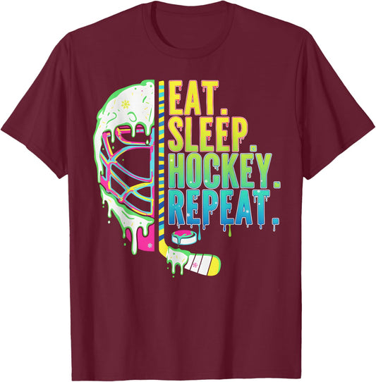 Hockey Ice Cream Drip Eat Sleep Hockey Repeat Boys T-Shirt - T-Shirt | Maroon
