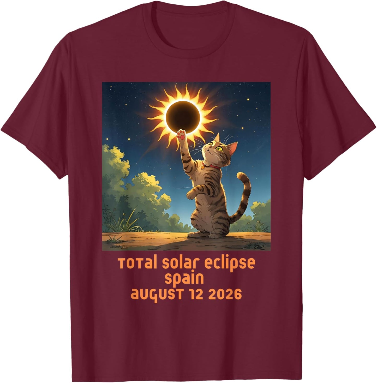 Total Solar Eclipse Cat Spain 2026 T-Shirt - T-Shirt | Maroon