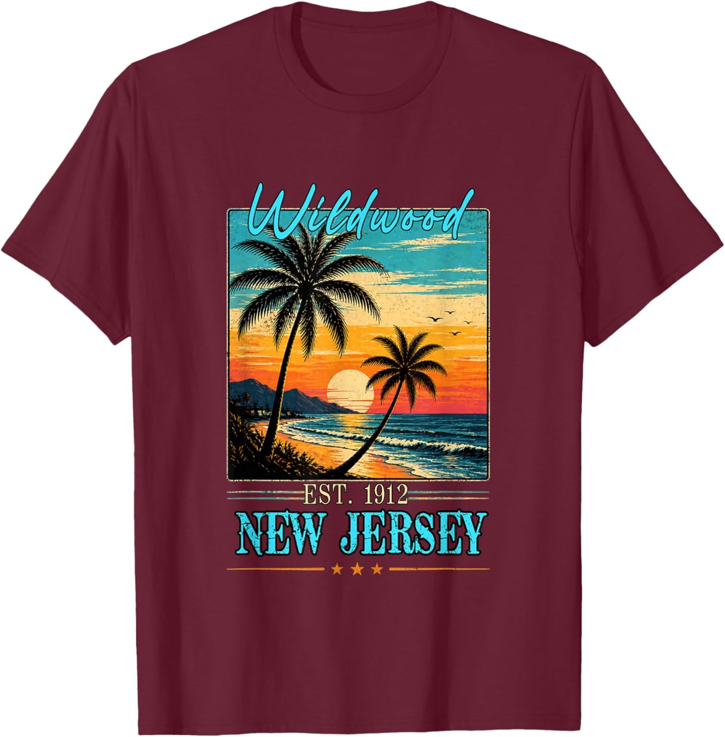 Wildwood NEW Jersey Sunset Beach Summer 2026 T-Shirt - T-Shirt | Maroon