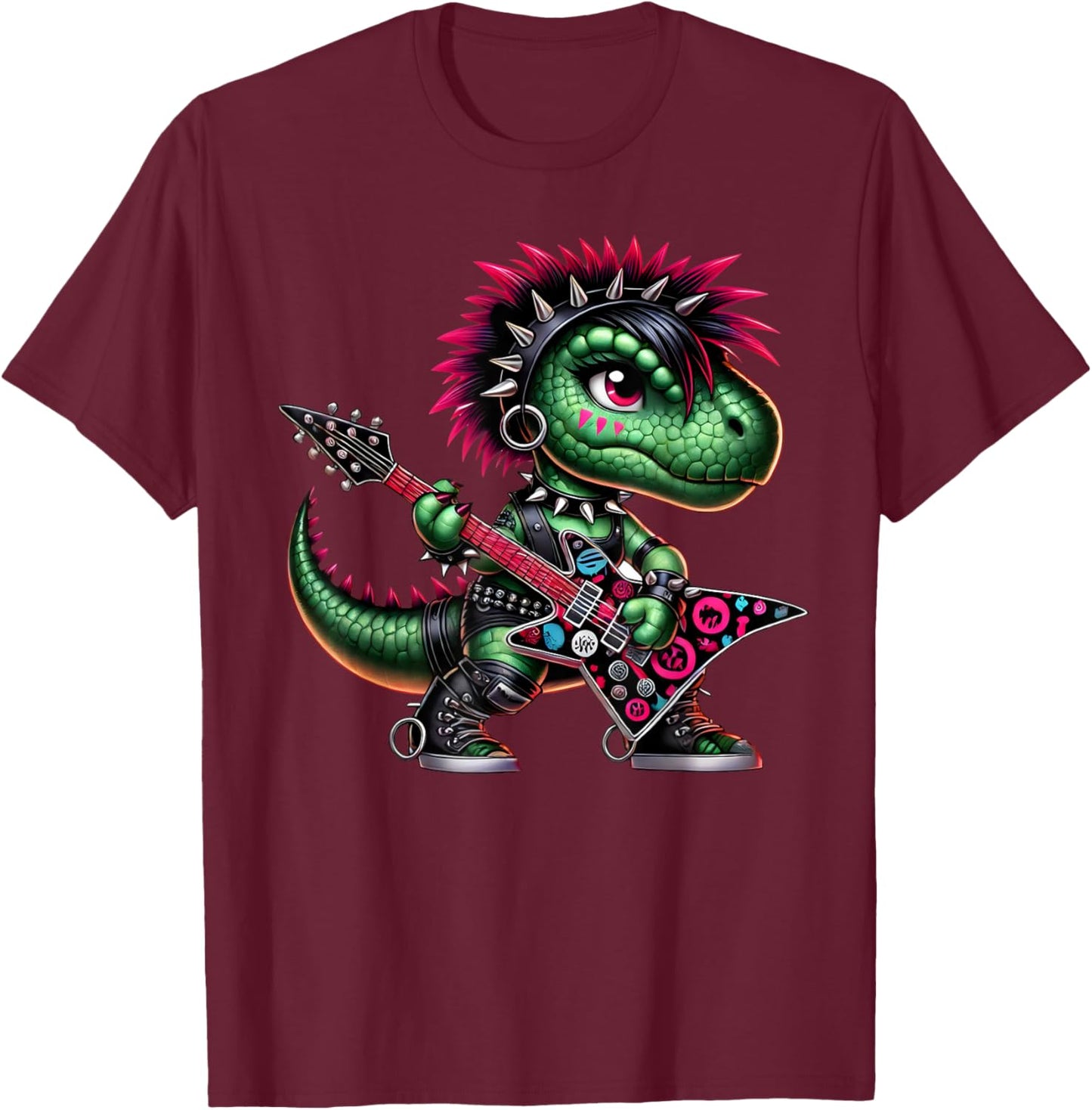 Cute Punk Girl Dinosaur Guitar Band, Rock'n Roll Dino, Girls T-Shirt - T-Shirt | Maroon