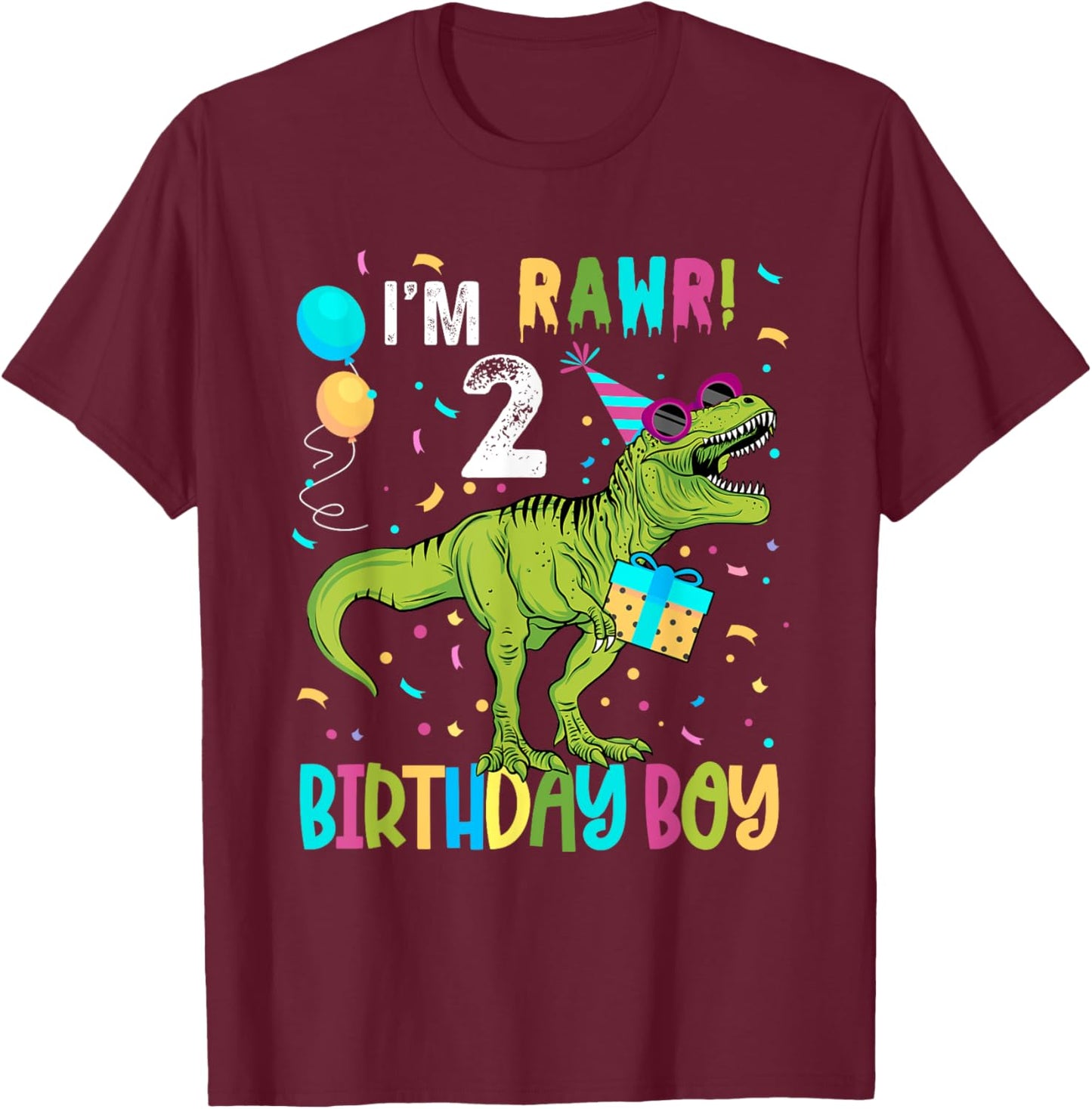 Birthday Boy 2 Years Old 2nd Cute Rex Family Dinosaur Squad T-Shirt - T-Shirt | Maroon
