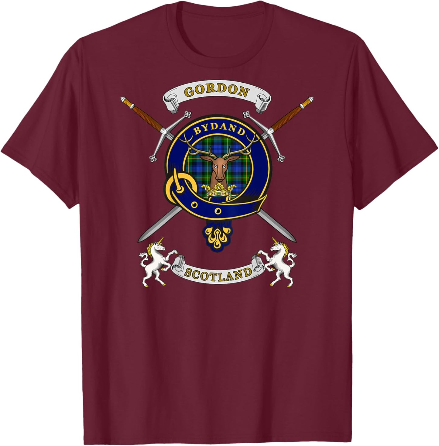 Gordon Scottish Clan Badge Tartan & Swords (Back) T-Shirt - T-Shirt | Maroon