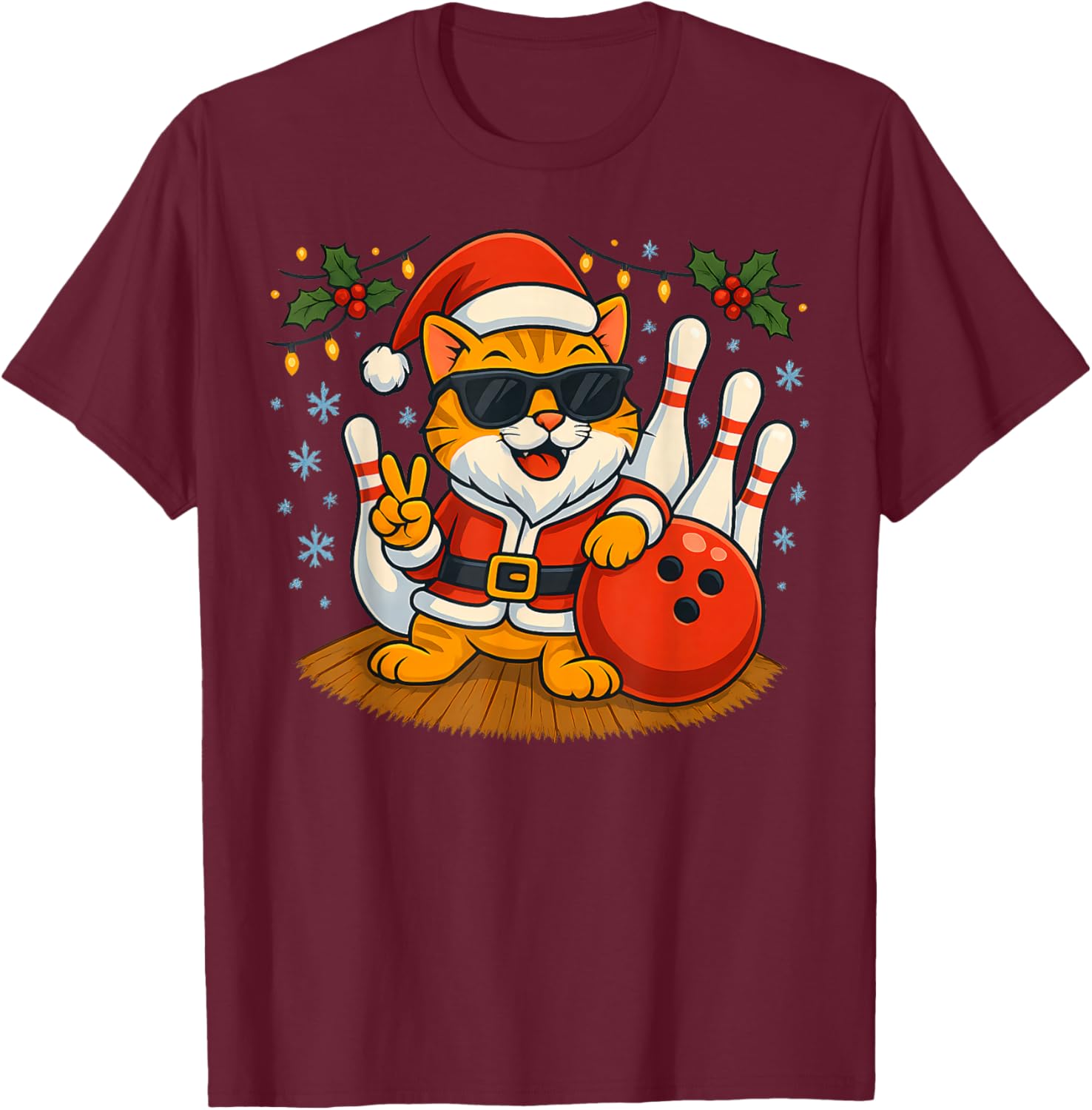 Santa Cat Bowling Christmas Funny Holiday Vibes Men Women T-Shirt - T-Shirt | Maroon