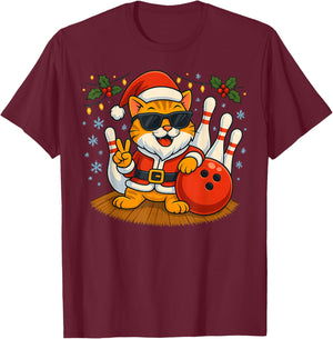 Santa Cat Bowling Christmas Funny Holiday Vibes Men Women T-Shirt - T-Shirt | Maroon
