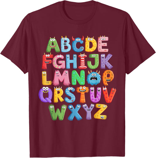 Monster ABC Cute Alphabet Halloween Teacher Costume Kids T-Shirt - T-Shirt | Maroon