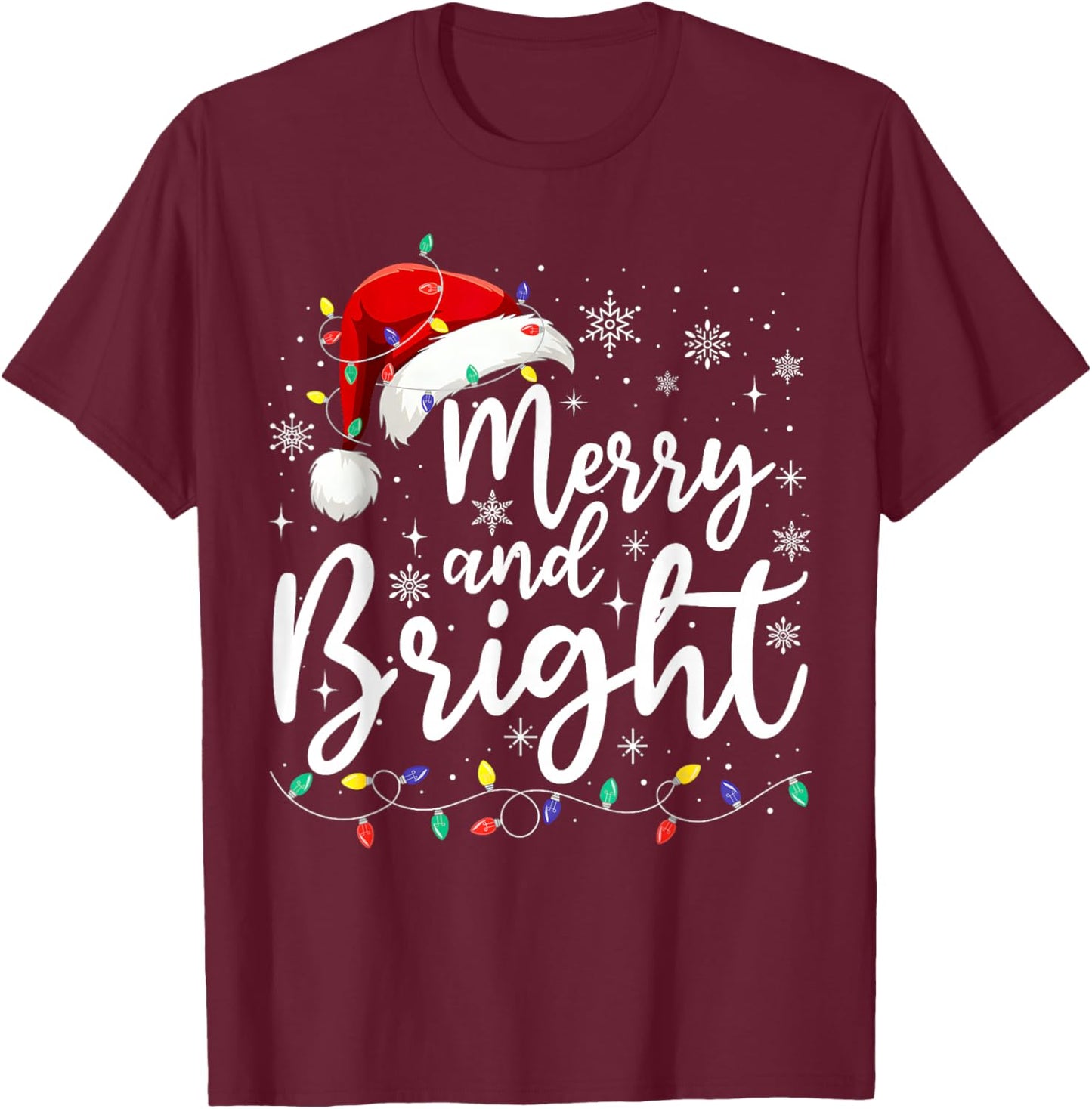 Merry and Bright Christmas Lights Santa Men Women Boys Girls T-Shirt - T-Shirt | Maroon