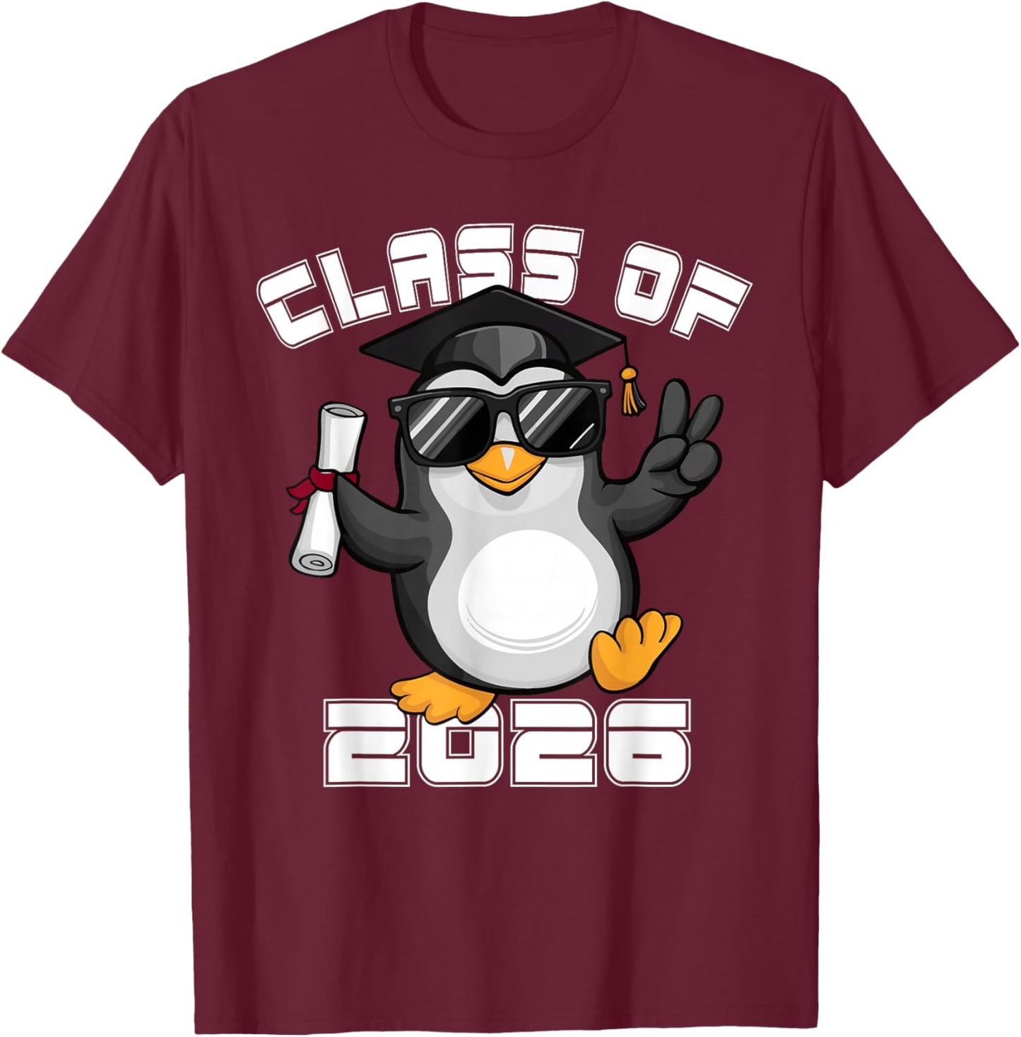 Peace Sign Hand Penguin Class of 2026 Graduation T-Shirt - T-Shirt | Maroon