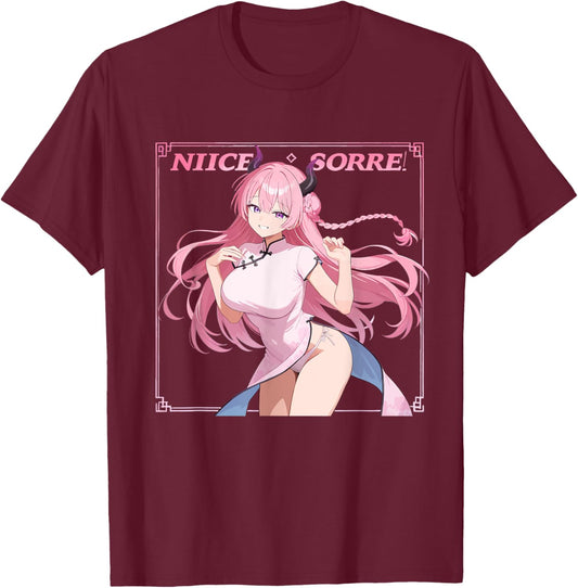 Waifu Sexy Anime Girl Horns Japanese Retro Art T-Shirt - T-Shirt | Maroon