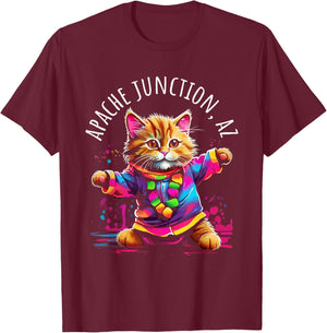 Apache Junction Arizona Dancing Kitty Cat Colorful Design T-Shirt - T-Shirt | Maroon