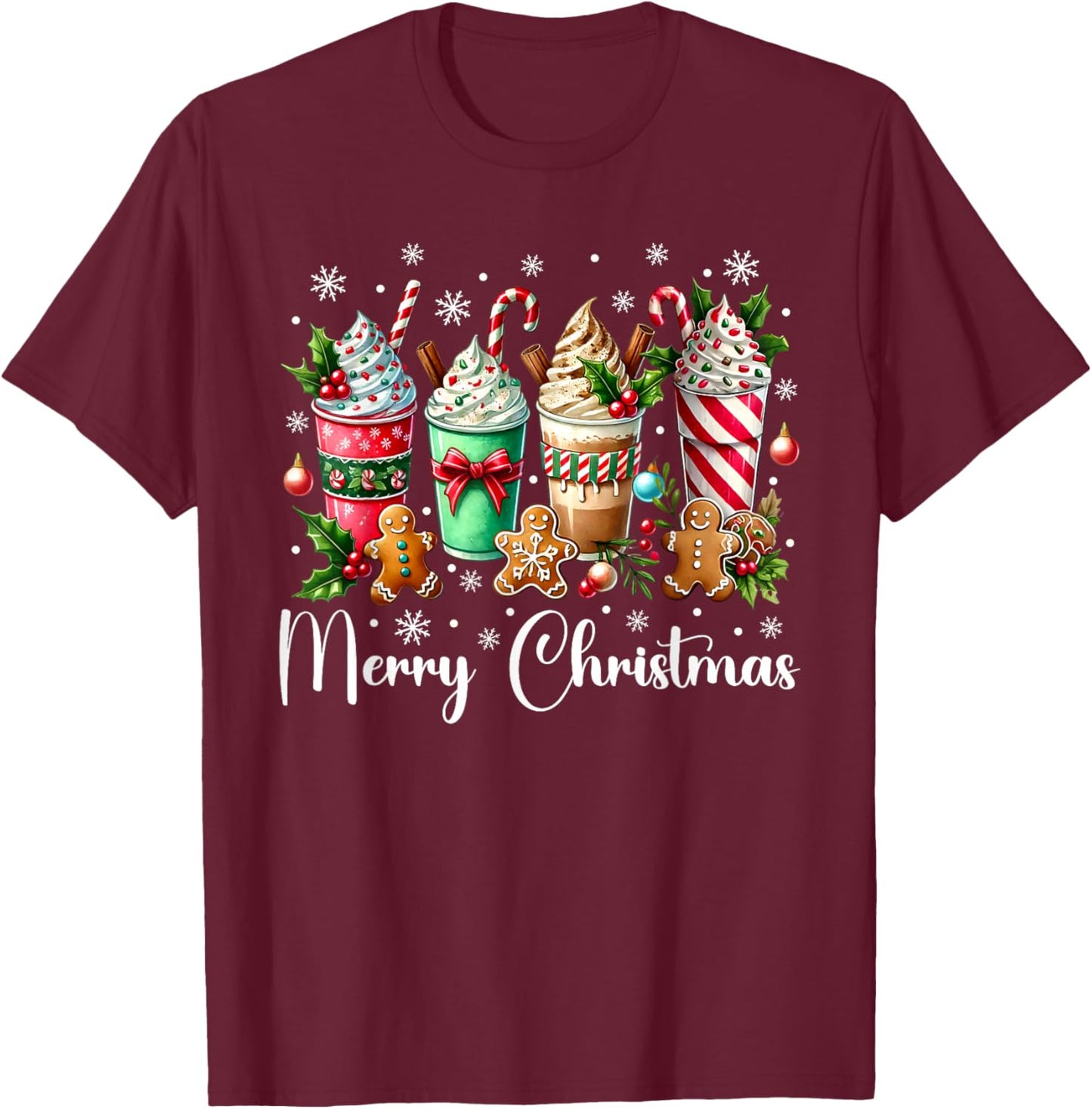 Christmas Pajamas Gingerbread Christmas Coffee Hot Cocoa T-Shirt - T-Shirt | Maroon