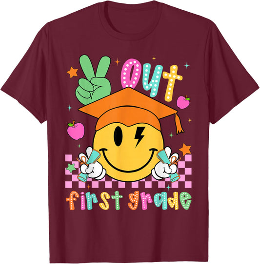 Last Day of School Peace Out 1st Grade Boy Girl Smile Face T-Shirt - T-Shirt | Maroon