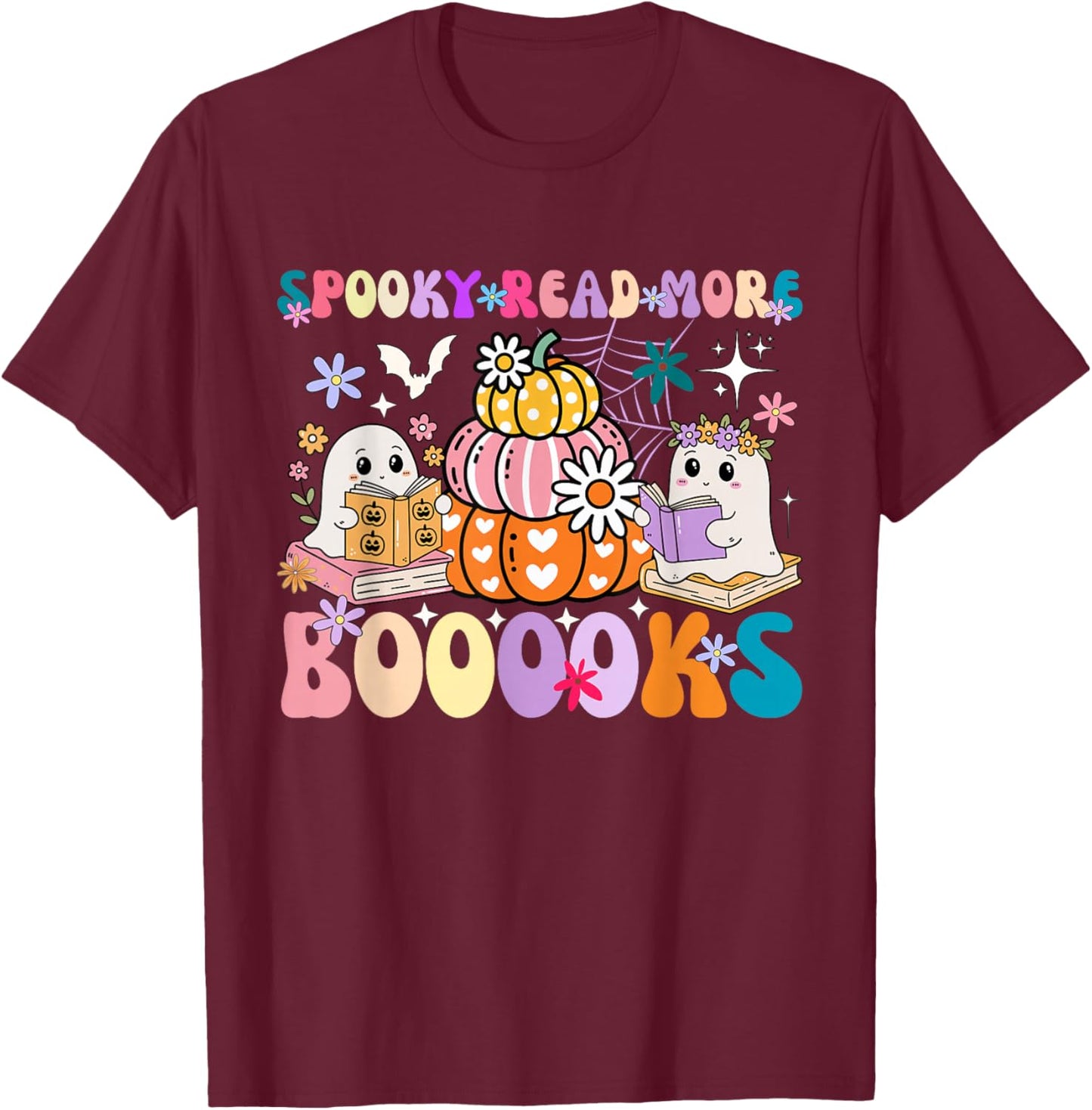 Spooky Read More Boooooks Cute Ghost Pumpkin Reading Groovy T-Shirt - T-Shirt | Maroon