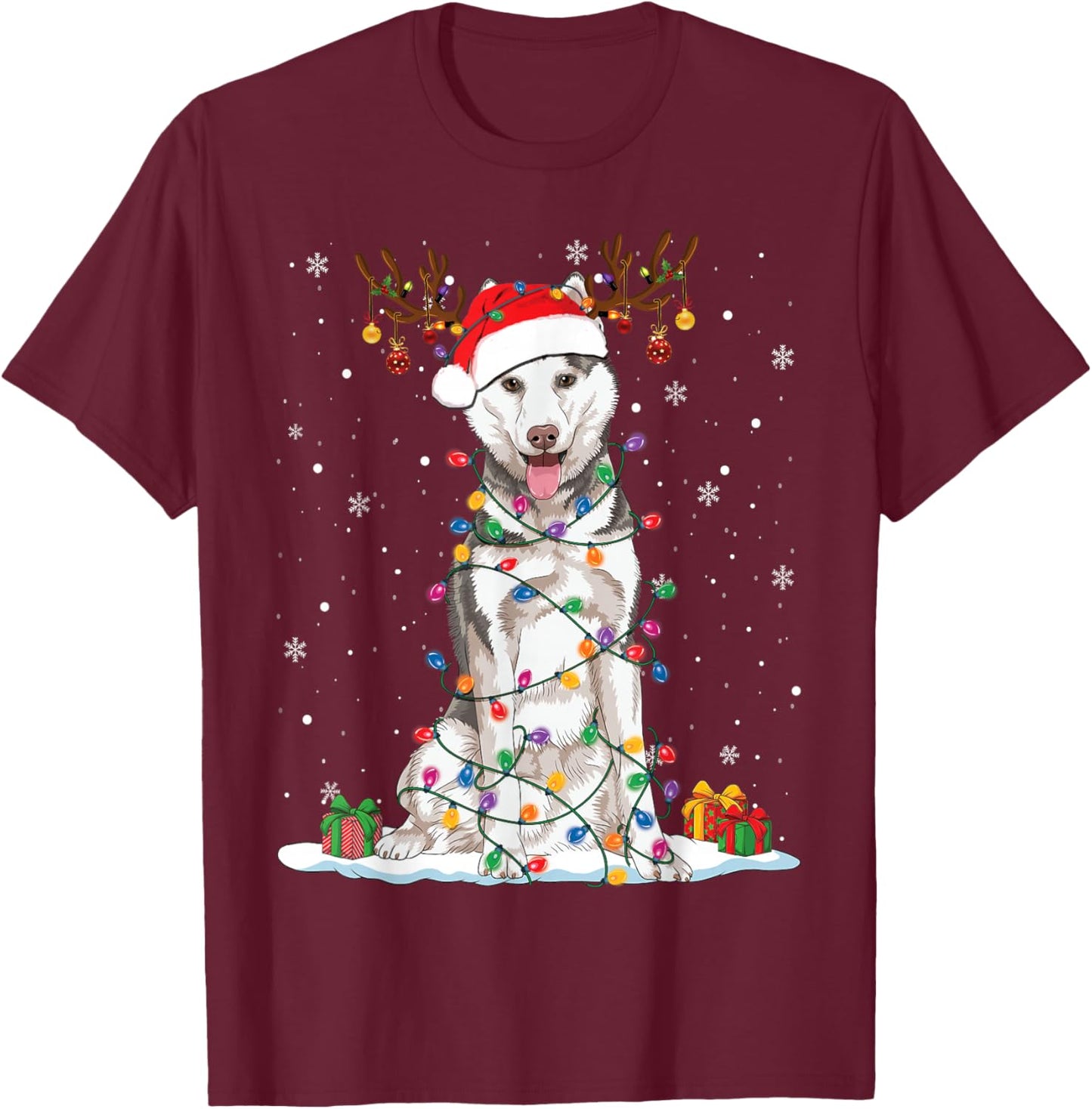 Funny Husky Dog Tree Christmas Lights Xmas Pajama Women Kids T-Shirt - T-Shirt | Maroon