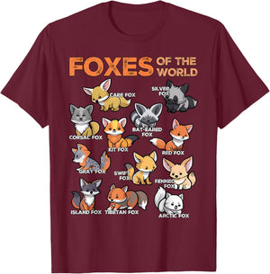 Foxes of the World Educational Animal Fox Lover Kawaii Fox T-Shirt - T-Shirt | Maroon