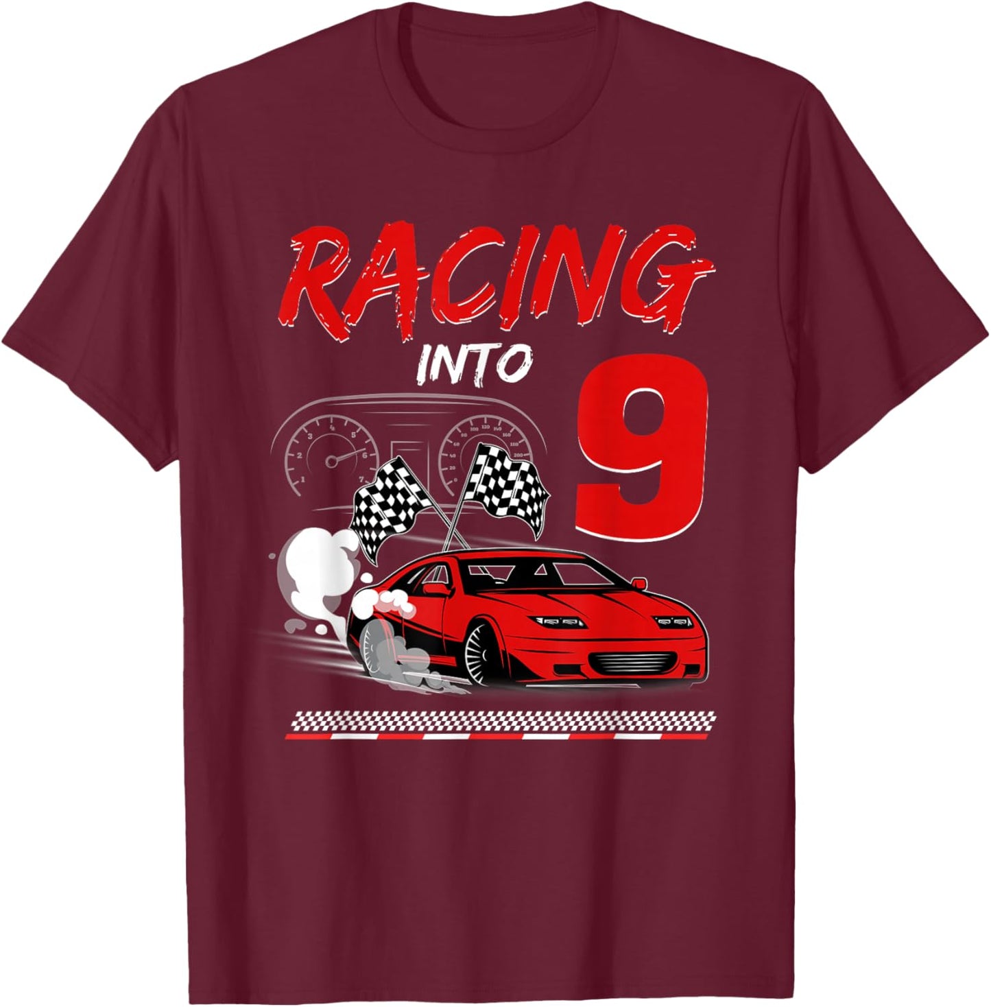 Racing into 9 Year Old Birthday Race Car 9th Boy Party T-Shirt - T-Shirt | Maroon