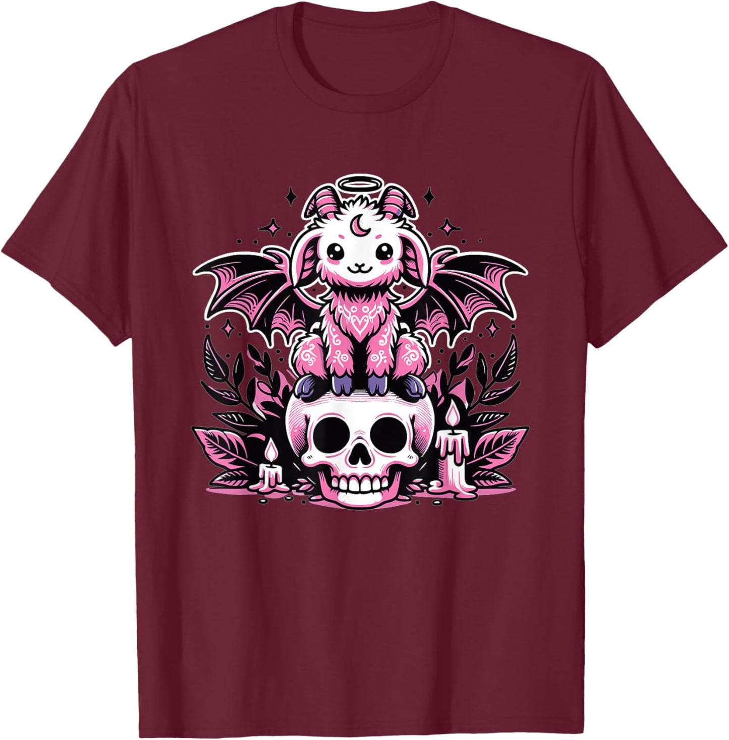 Kawaii Pastel Goth Cute Creepy Goat Bat Skeleton T-Shirt - T-Shirt | Maroon