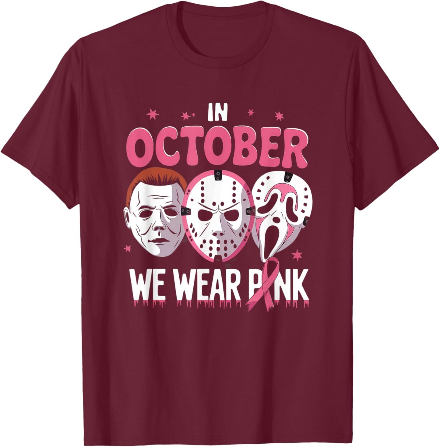 In October We Wear Pink Ghost Halloween Cancer Awareness T-Shirt - T-Shirt | Maroon