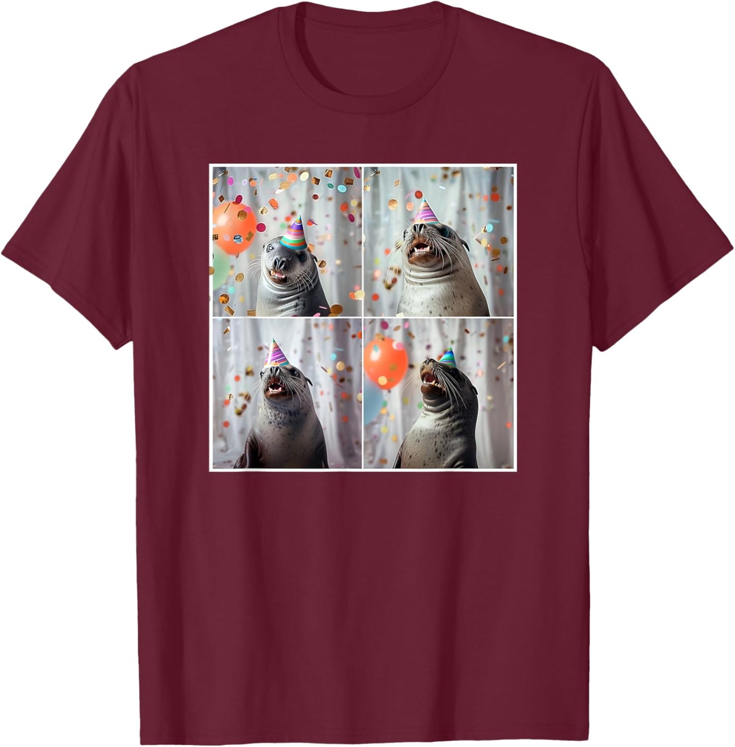 Seal In Party Hat Ocean Seal Lover Funny Seal Birthday T-Shirt - T-Shirt | Maroon