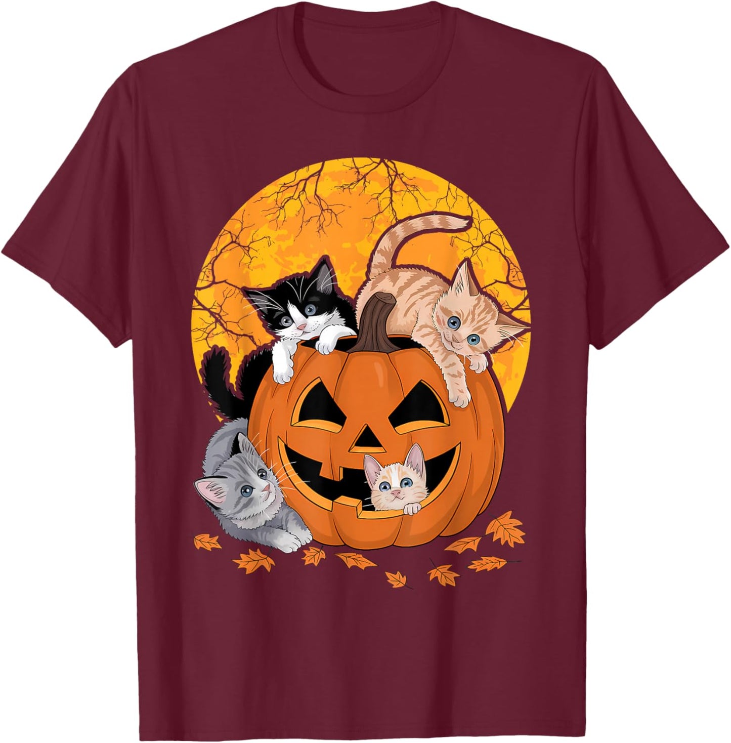 Vintage 90s Cat Pumpkin Halloween Retro Floral Spooky Season T-Shirt - T-Shirt | Maroon