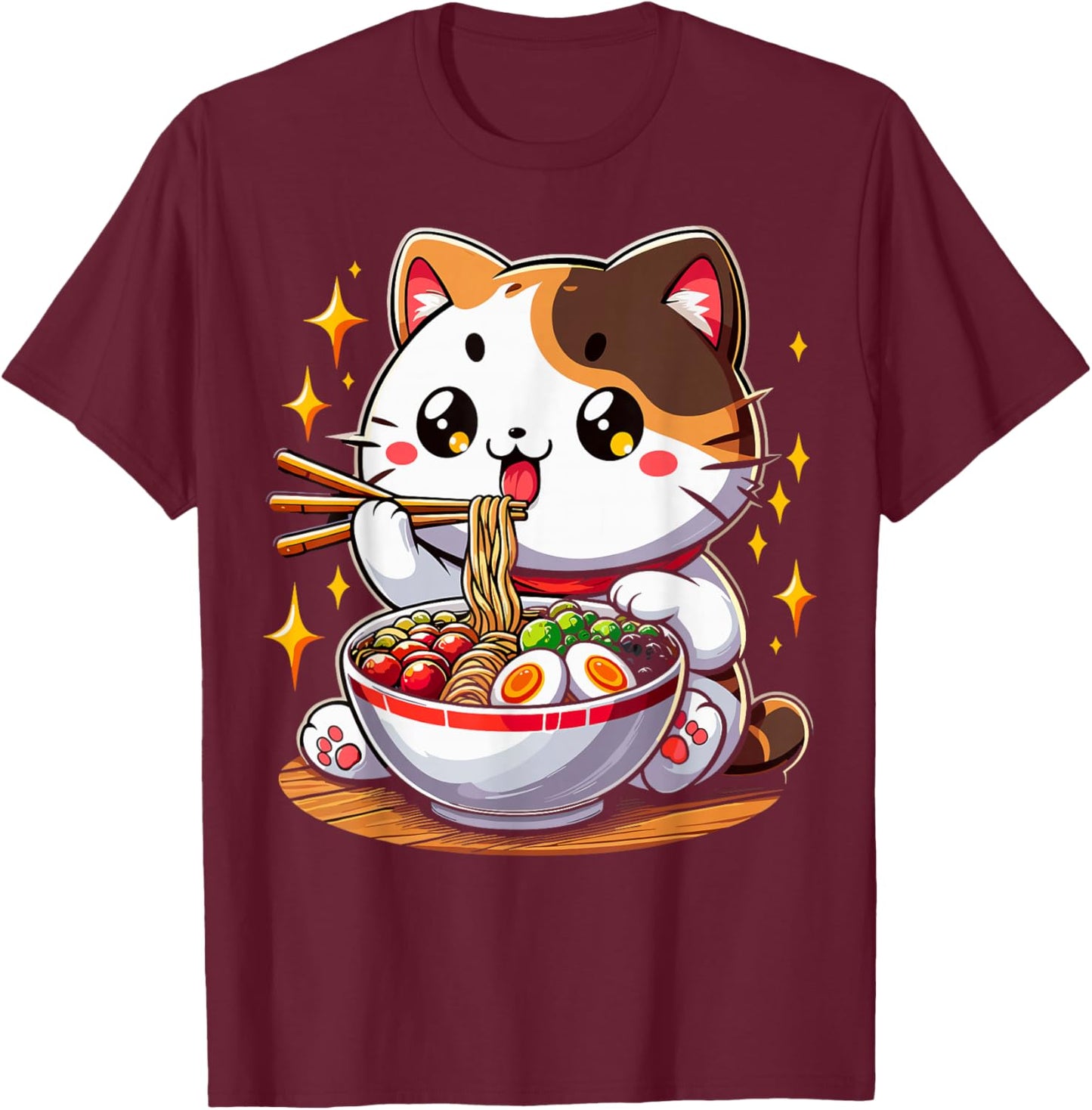 Cat Ramen Noodles Anime Kawaii Japanese Cat T-Shirt - T-Shirt | Maroon