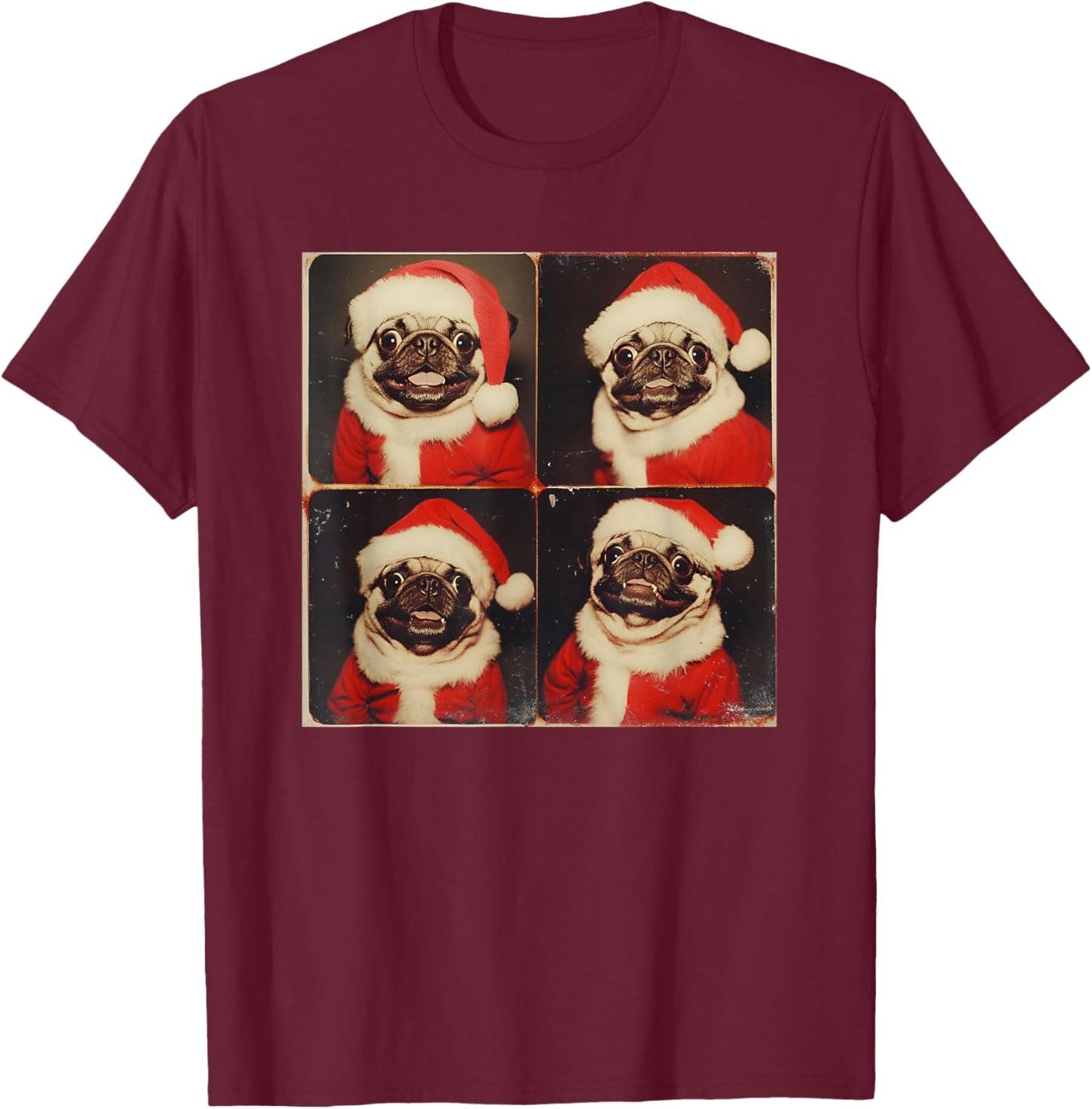 Xmas Pug Owner Photo Booth All Ages Black Cartoon Animal Graphic Modern Short Sleeve T-Shirt - T-Shirt | Maroon