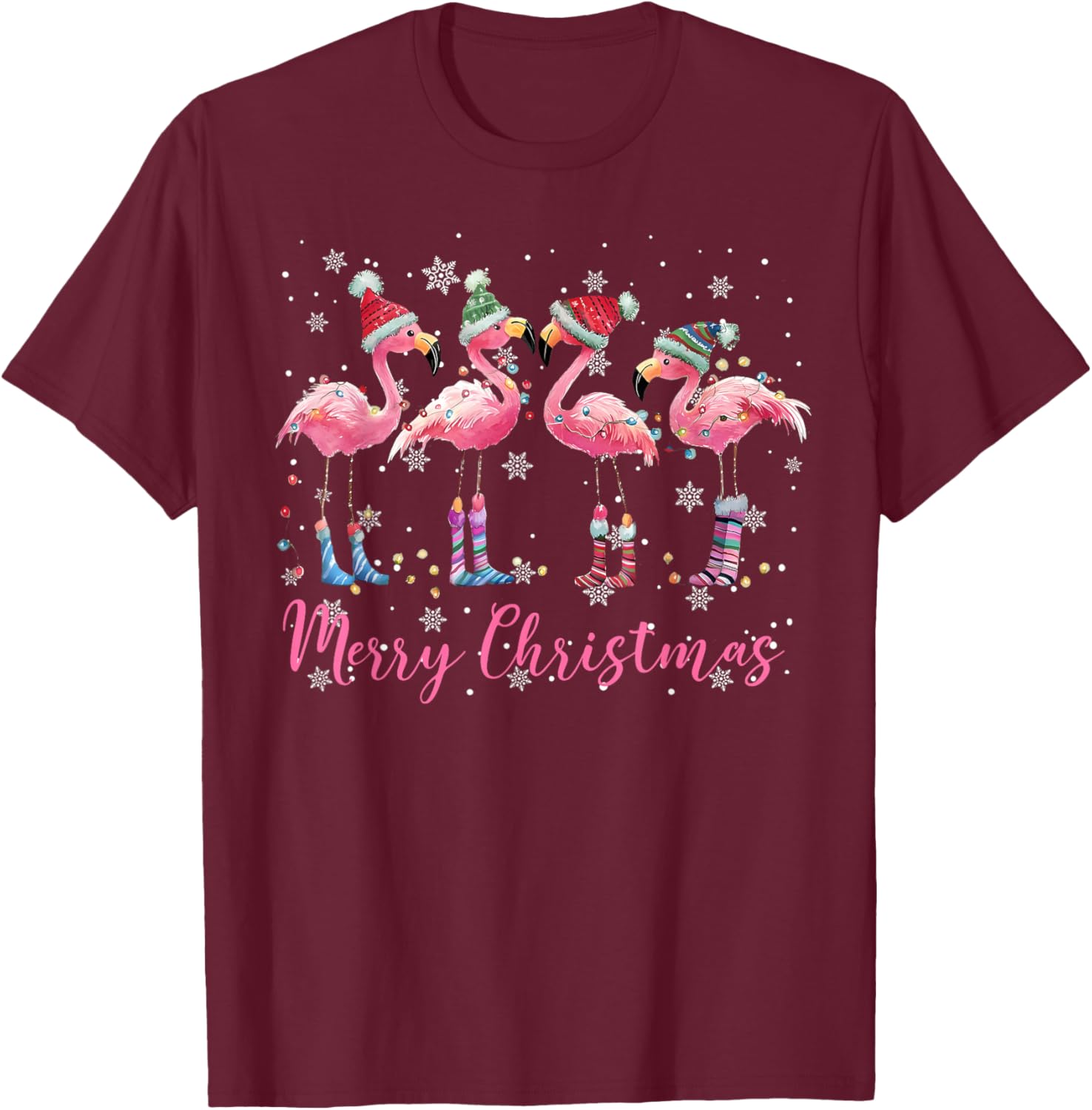 Merry Christmas Hat Santa Flamingo Light Christmas Snow Xmas T-Shirt - T-Shirt | Maroon