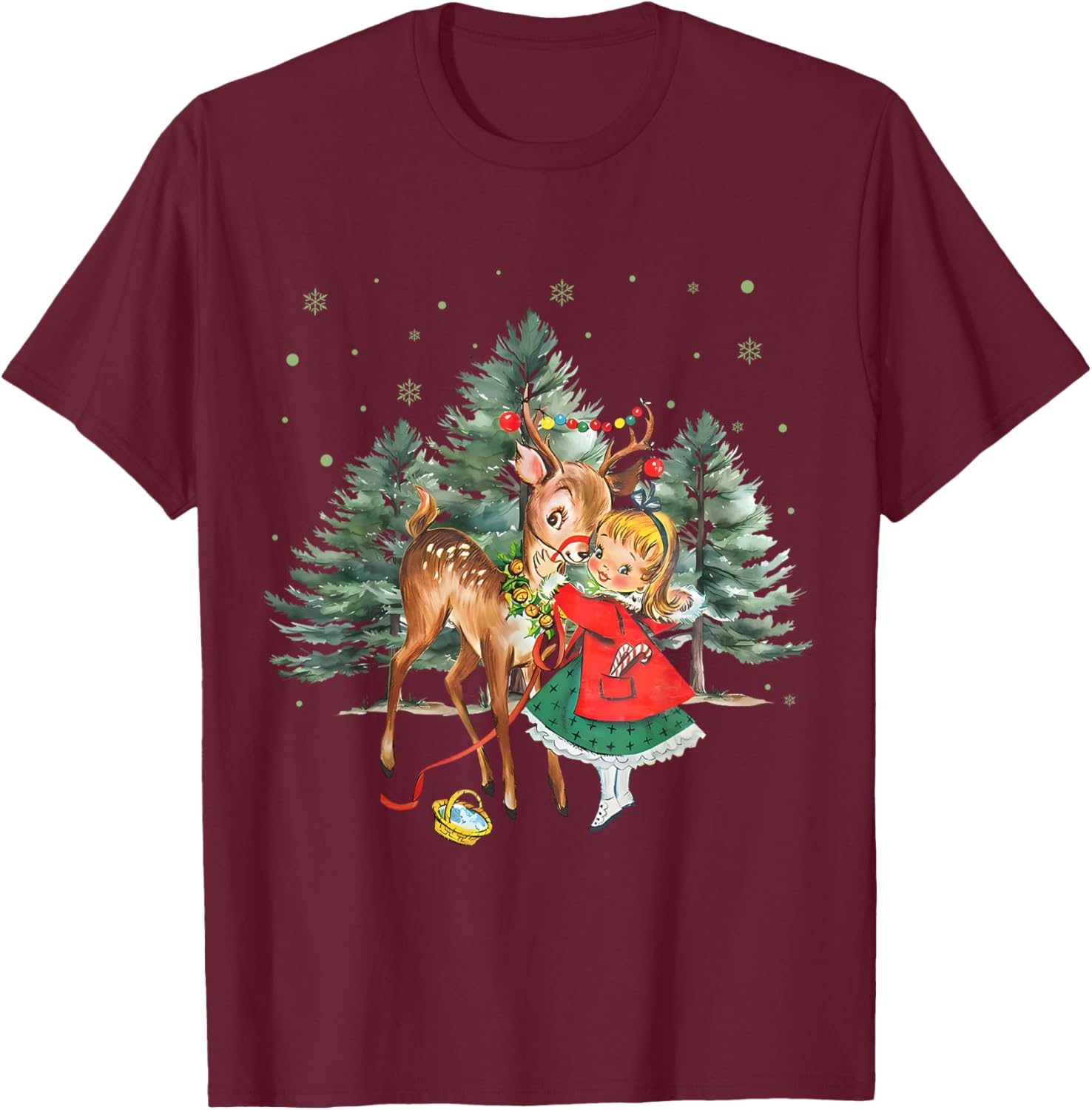 Vintage Girl and Reindeer Retro 1950's Christmas T-Shirt - T-Shirt | Maroon