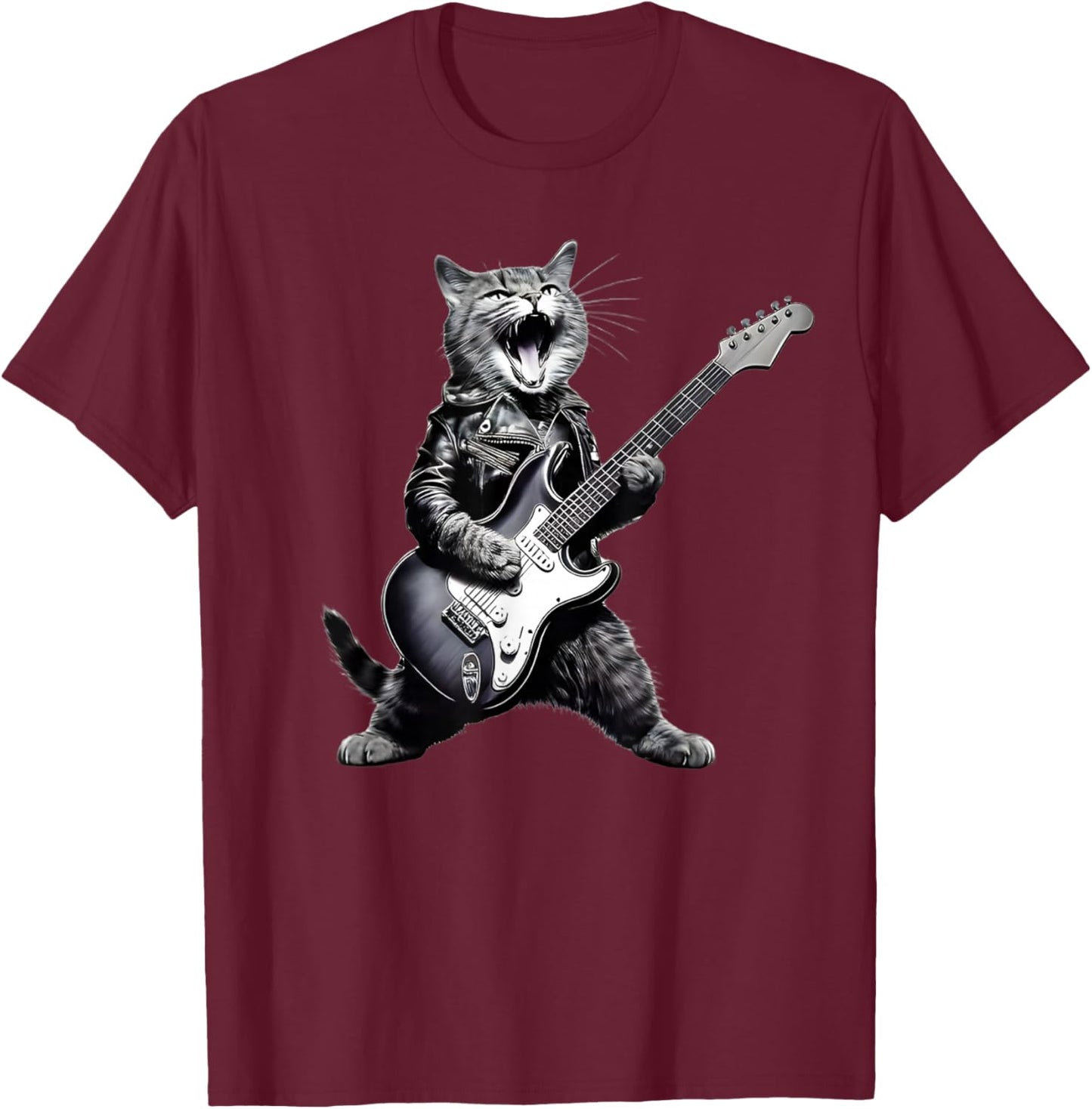 Rock Cat Playing Guitar - Funny Guitar Cat Men Women Girls Kids T-Shirt - T-Shirt | Maroon