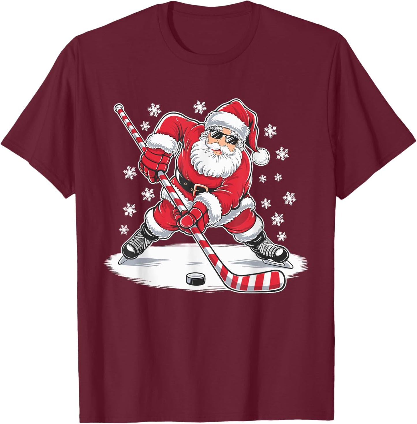 Funny Christmas Santa Playing Ice Hockey Xmas Sport T-Shirt - T-Shirt | Maroon