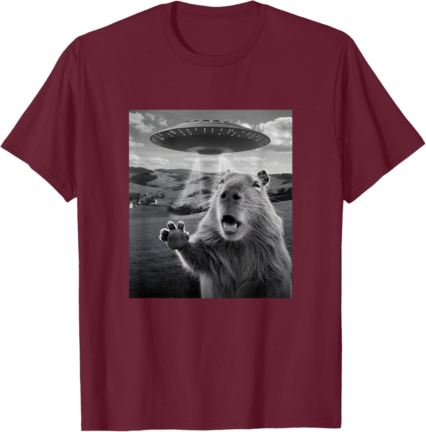 Alien UFO with Scared Capybara Funny UFO T-Shirt - T-Shirt | Maroon
