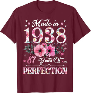87 Year Old Made In 1938 Floral 87th Birthday Gift T-Shirt - T-Shirt | Maroon