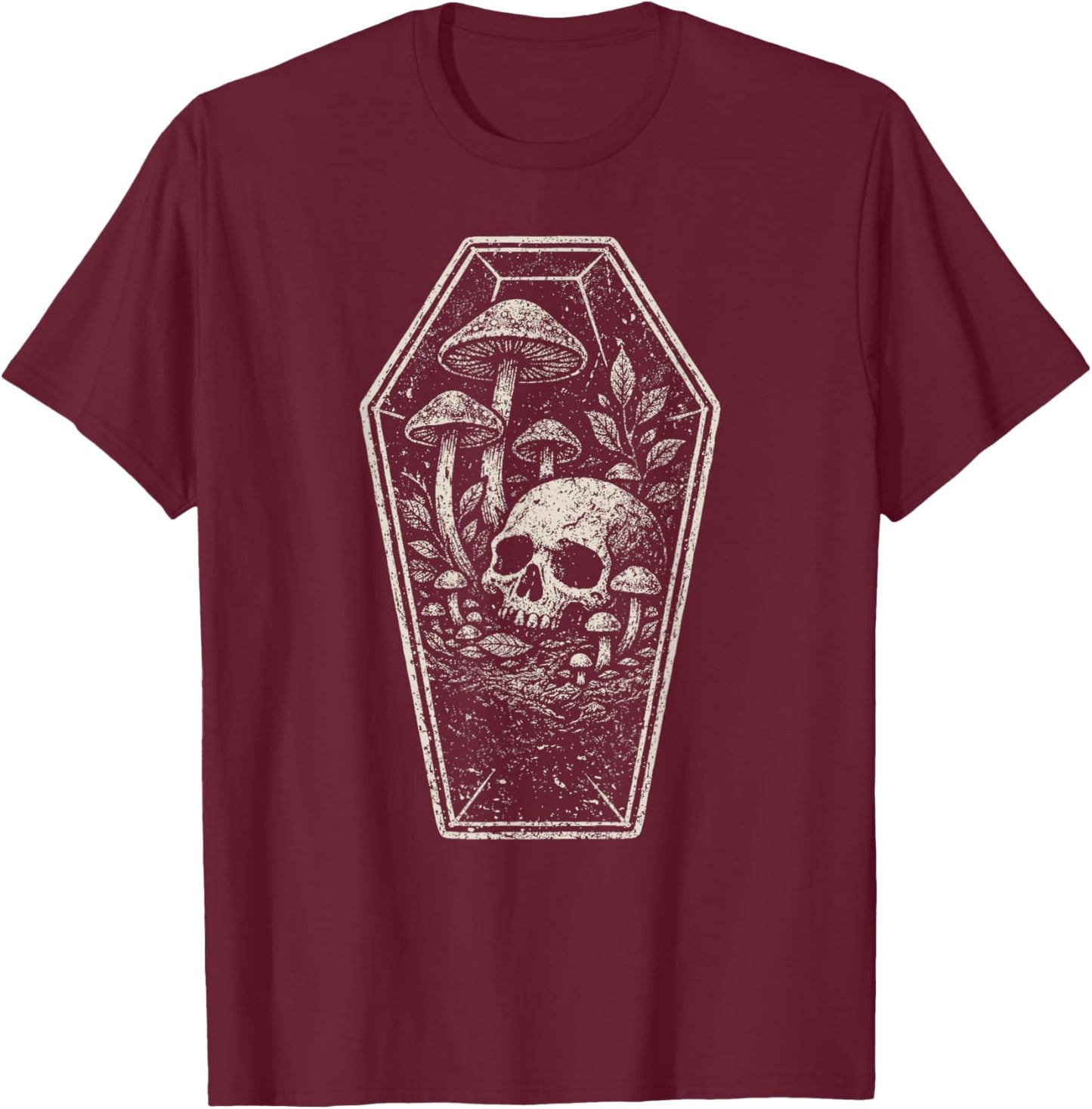 Skull Mushroom Grunge Skeleton Dark Coffin Forest Aesthetic T-Shirt - T-Shirt | Maroon