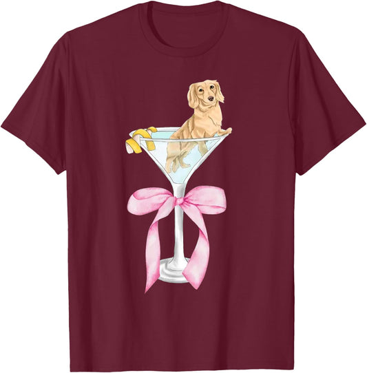 Funny Dachshund Dog With Martini Glass Coquette Pink Bow T-Shirt - T-Shirt | Maroon
